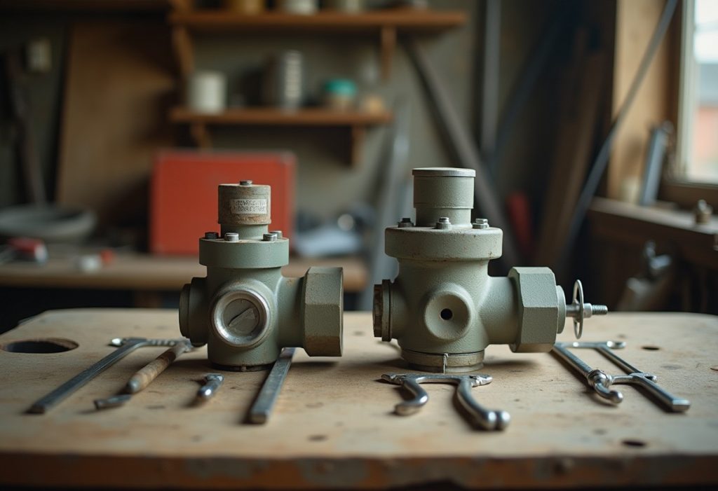 A pressure relief valve and a heating element laid out on a workbench with tools