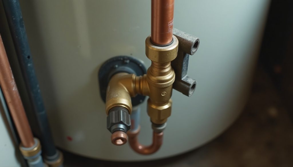 A brass temperature and pressure relief valve threaded into the side of a water heater tank, with a copper discharge pip