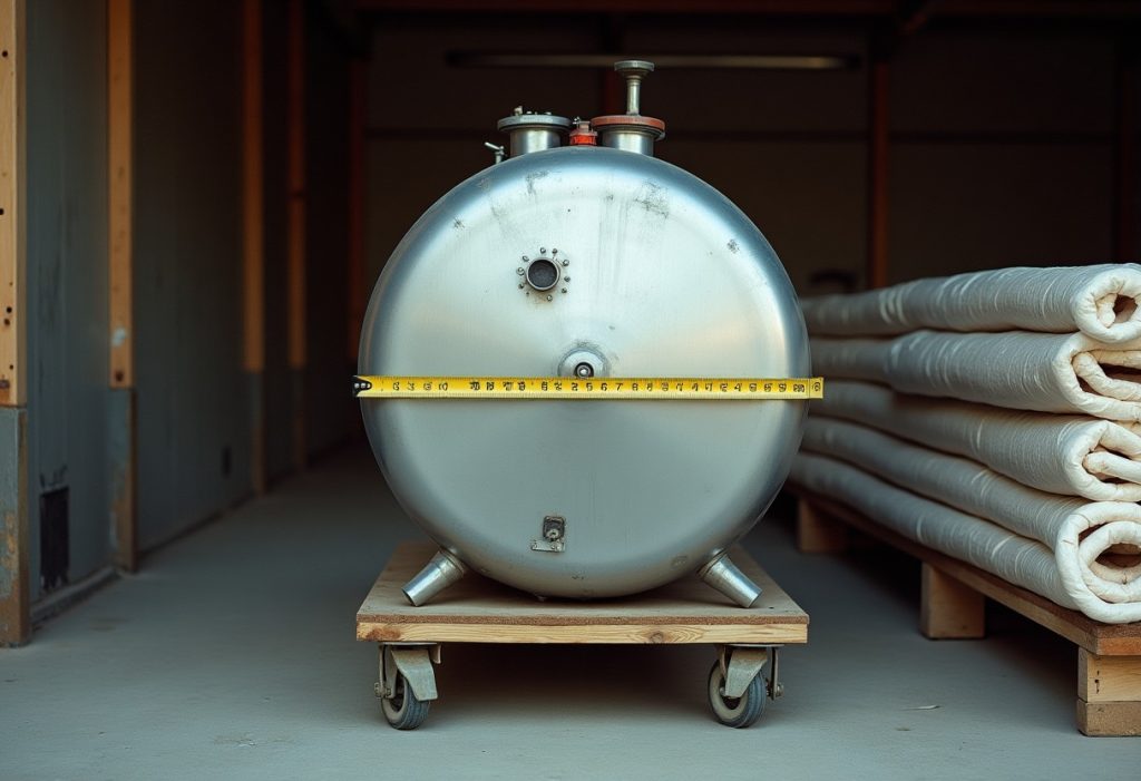 Steel water heater tank on dolly next to copper tubing and insulation rolls