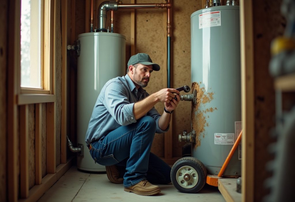 Plumber connecting copper pipes to a new electric water heater in a closet