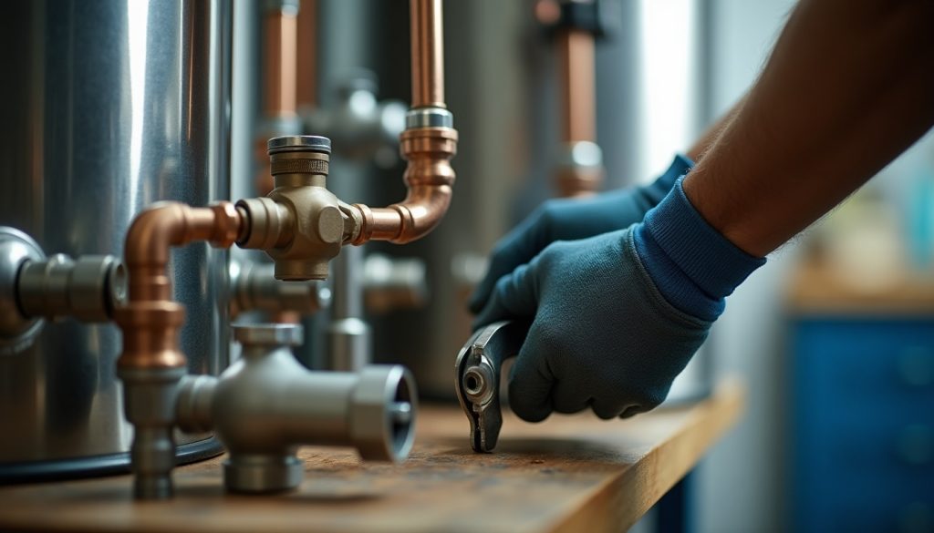 Gloved hands using a wrench on a fitting among water heater pipes, valves, and connectors on a workbench.