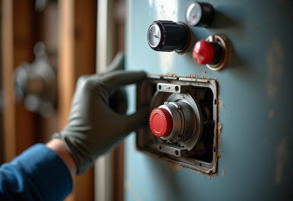 Red reset button visible on upper thermostat inside open water heater access panel