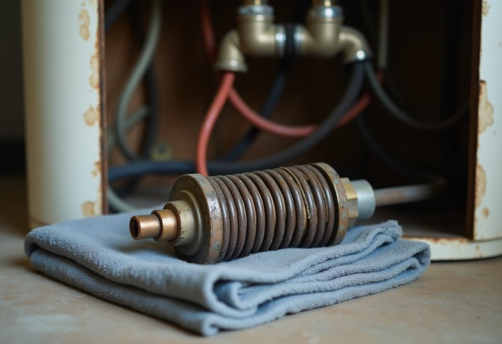 Scale-crusted heating element pulled from an electric water heater