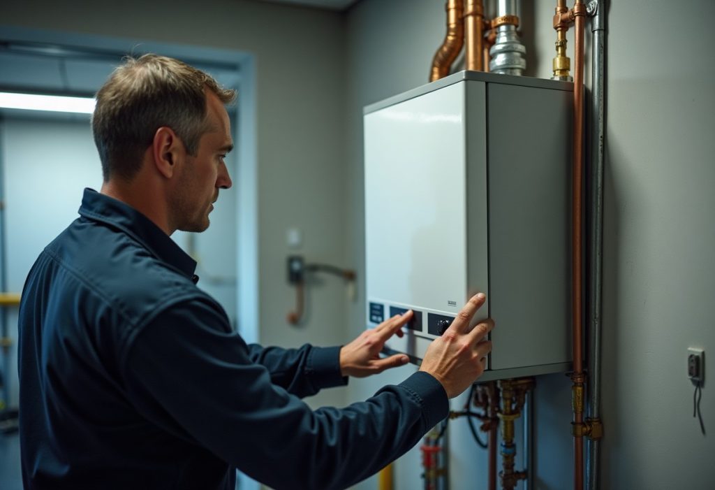 Technician pressing the power switch on a wall-mounted tankless water heater