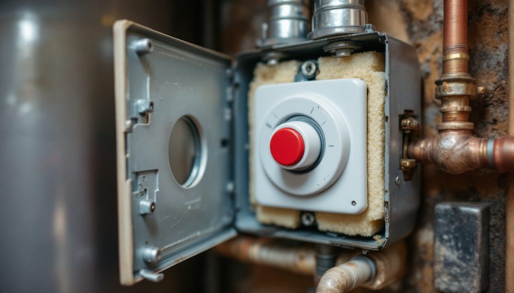 An electric water heater access panel removed, revealing a red reset button on a plain thermostat and foam insulation, p