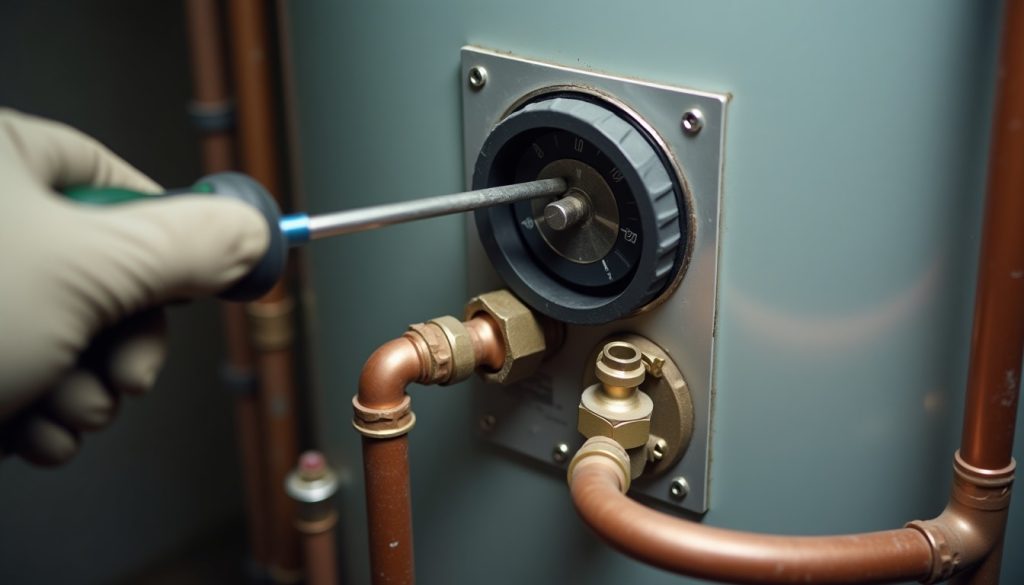 Gloved hand with insulated screwdriver adjusts unmarked water heater thermostat dial near copper pipes and valve.