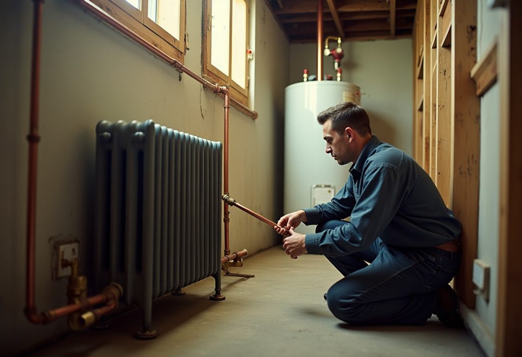 Technician examines radiator pipe near a tank water heater with relief valve in a basement