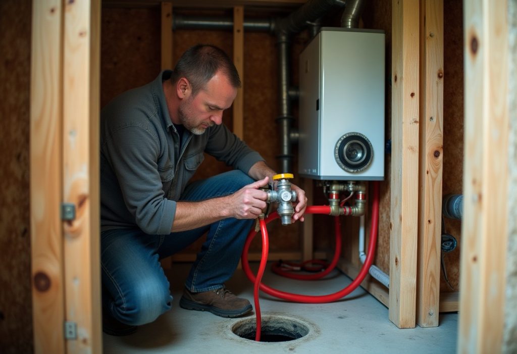 Plumber installs heat exchanger between tankless water heater and radiant floor PEX tubing