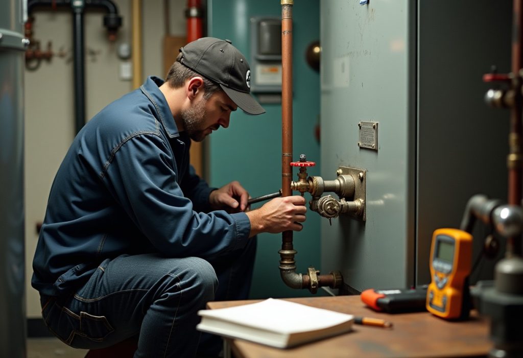 Technician bleeds valve on an aging gas boiler during maintenance visit