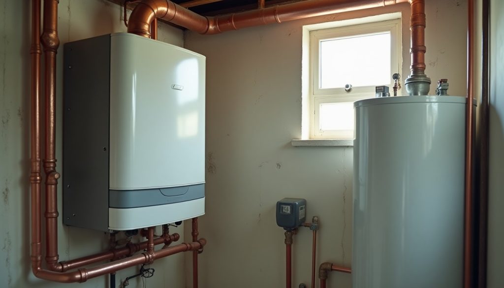 Wall-hung boiler with copper pipes beside white water heater in basement utility room, low angle daylight.