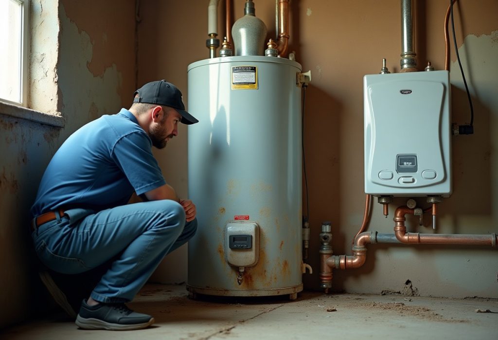 Old rusted tank water heater next to a newly mounted tankless unit with copper pipes