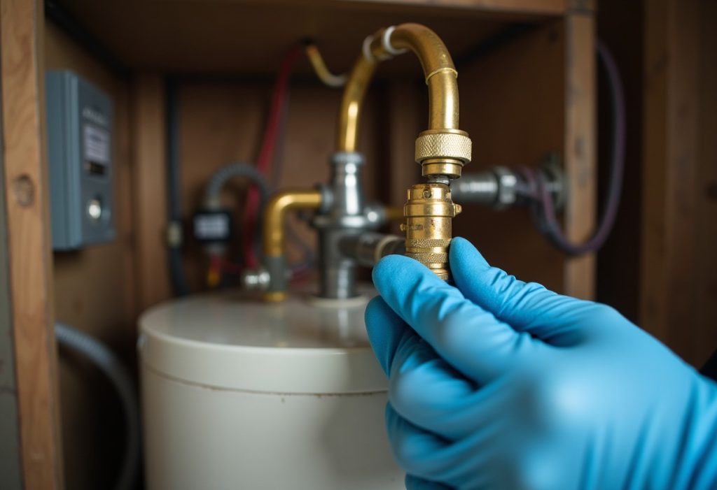 Hands tightening a gas line fitting next to an electric water heater element in a utility closet