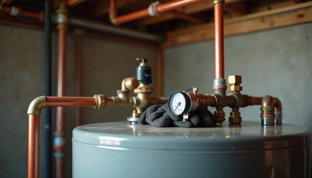 Water heater tank with copper and PEX pipes, shutoff valves, and fittings; gloved hand holds pipe wrench nearby.