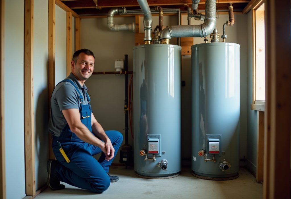 Plumber kneeling between a gas water heater and an electric water heater in a basement