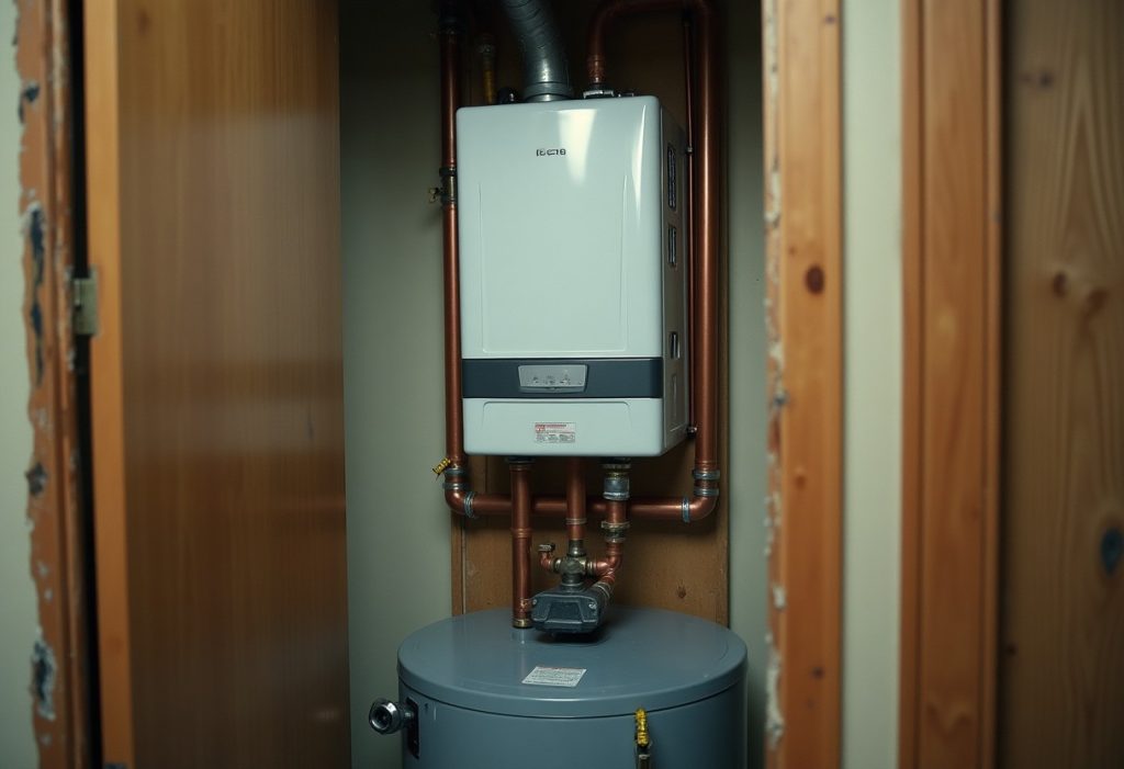 Tankless water heater mounted above an older tank style water heater in a mechanical closet