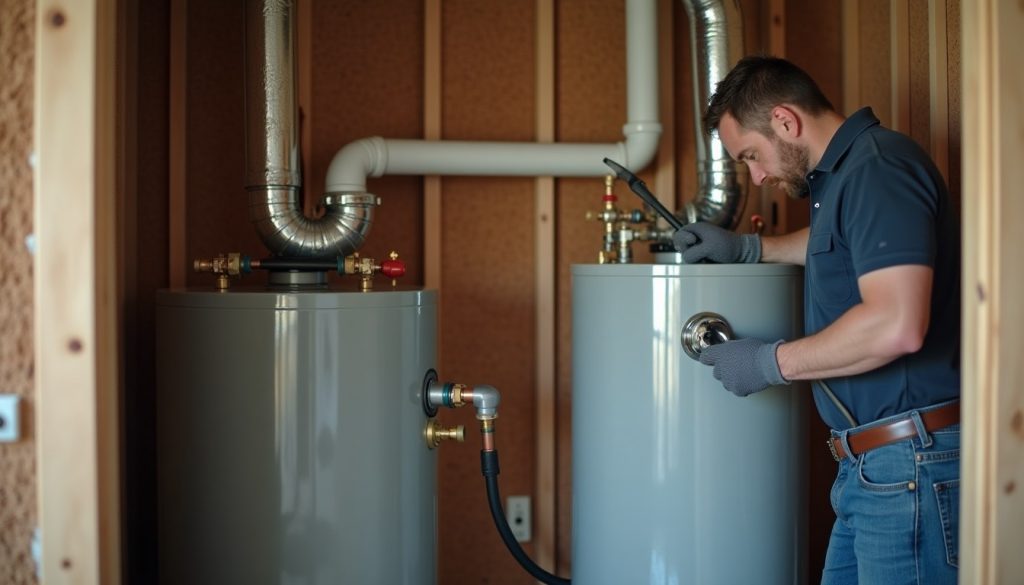 Gloved hands tighten a wrench on copper and PEX pipe fittings between two water heater units.