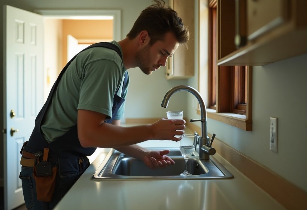 Person filling a clear glass with tap water at a kitchen sink