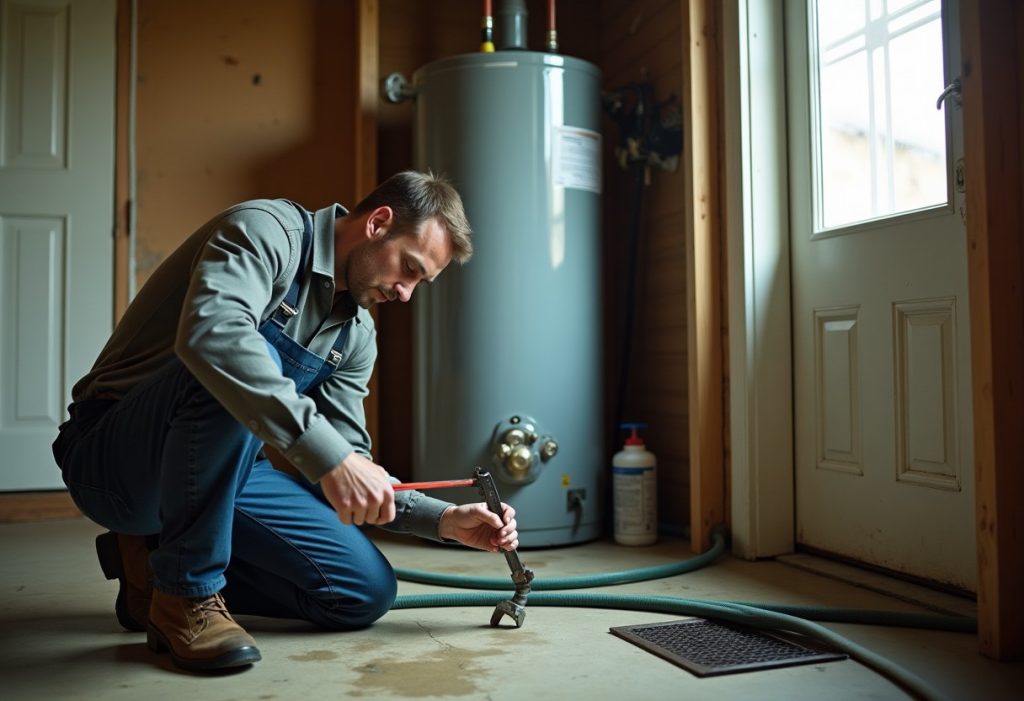 Plumber working on a water heater drain valve in a basement