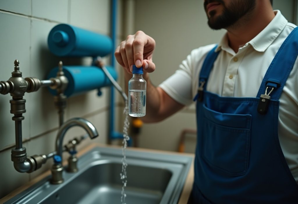 Technician holding a water sample bottle near a treatment system