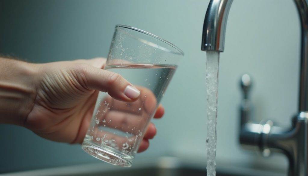 A glass of slightly cloudy tap water held under a running kitchen faucet, close up, plain background