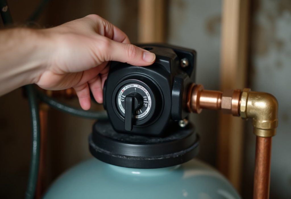 Hand turning bypass valve lever on water softener control head in basement