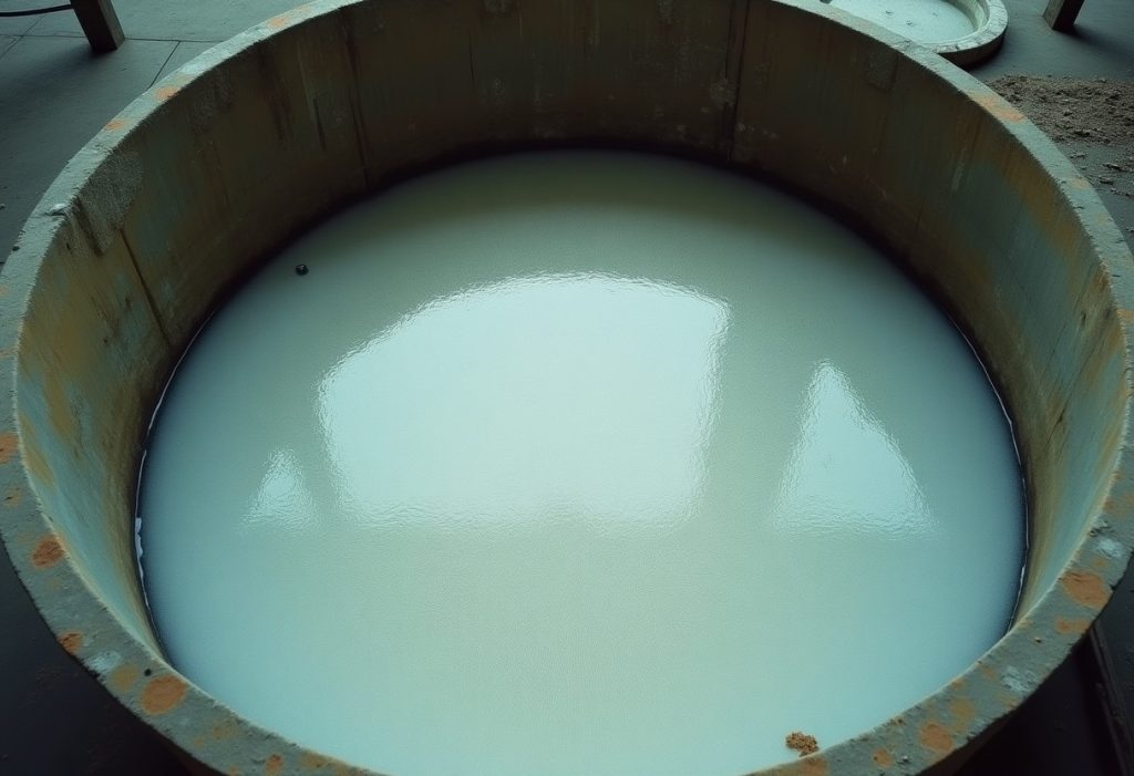 Open brine tank with standing water covering salt pellets on concrete floor