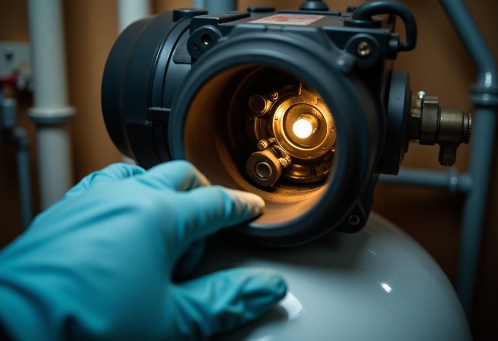 Gloved hand on control valve motor housing with flashlight illuminating gears