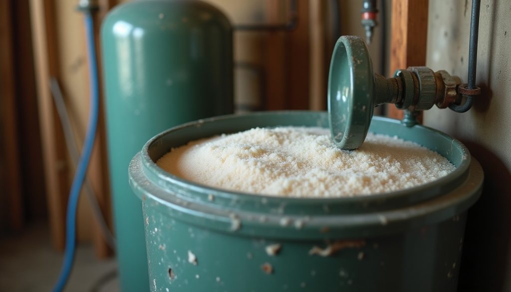 A water softener and its brine tank in a basement utility room, the brine tank lid open showing a hardened crust of salt