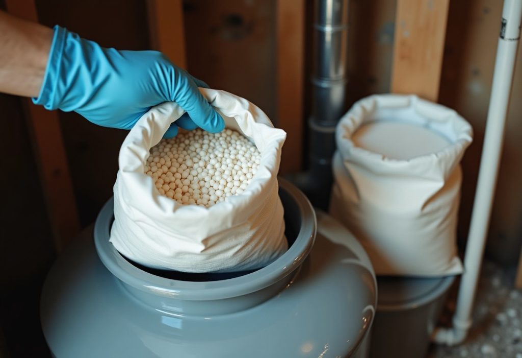 Hand pouring salt pellets into a water softener brine tank beside a bag of salt crystals