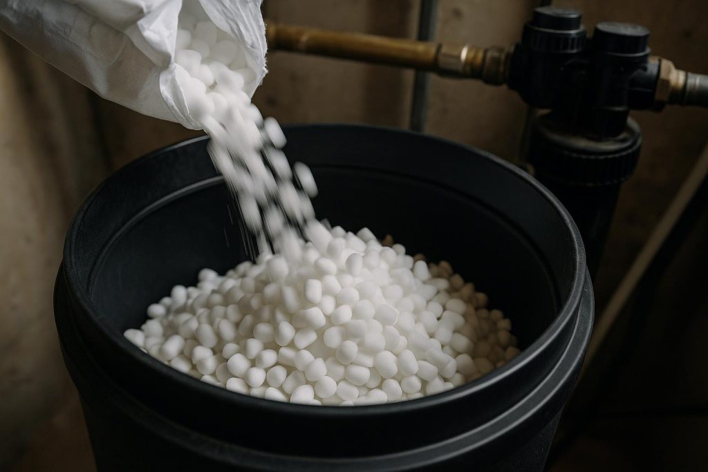Salt pellets poured into a water softener brine tank