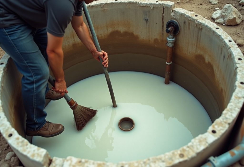 Plumber breaking a hard salt crust inside a water softener brine tank with a pole