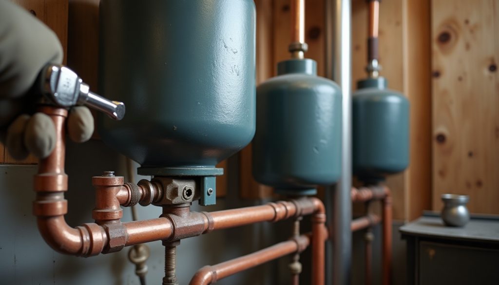Gloved hand uses pipe wrench on copper fittings between two unlabeled water treatment tanks in utility room.