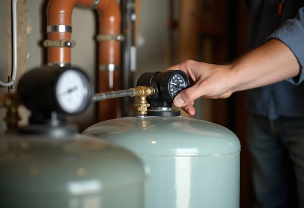 Technician adjusting bypass valve on a water softener brine tank system