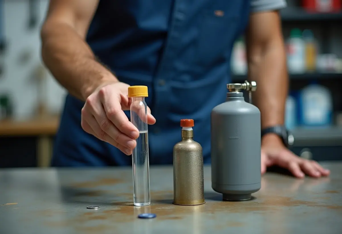 Plumber holding water sample beside filter housing and softener tank