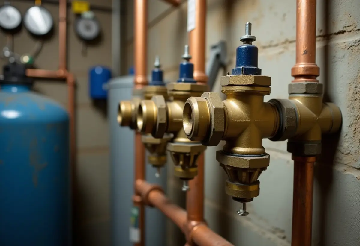 Brass three-valve bypass loop on copper piping in a basement