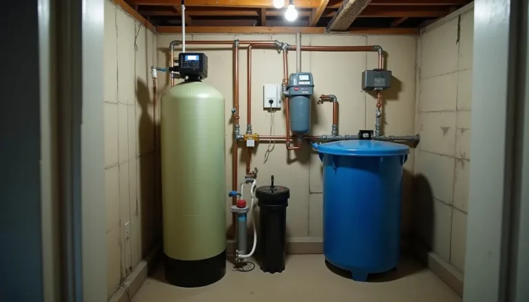 A basement water treatment setup with a tall resin tank, a brine tank and a cartridge filter housing plumbed with copper