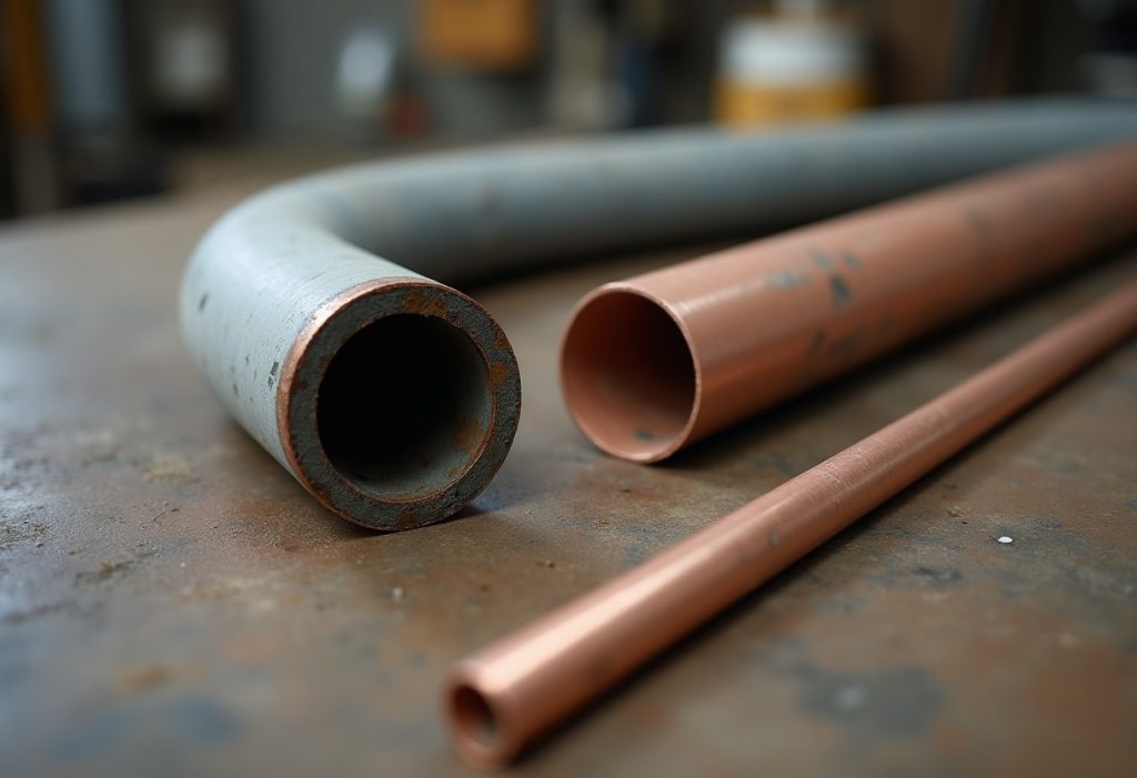 Cut section of grey lead pipe beside a new copper pipe on a workbench