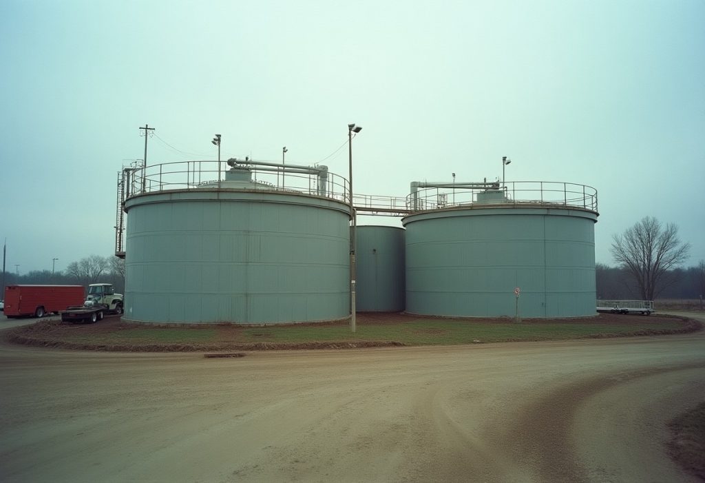 Large outdoor tanks at a water treatment plant