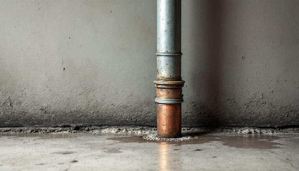 An old grey lead pipe joined to a newer copper pipe at a basement floor
