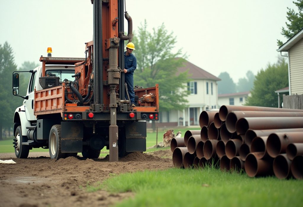 Drill rig boring into ground with stacked steel casing pipe on a rural lot