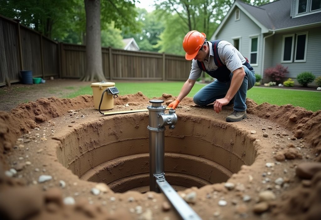 Contractor measuring distance from wellhead casing to septic cleanout and house