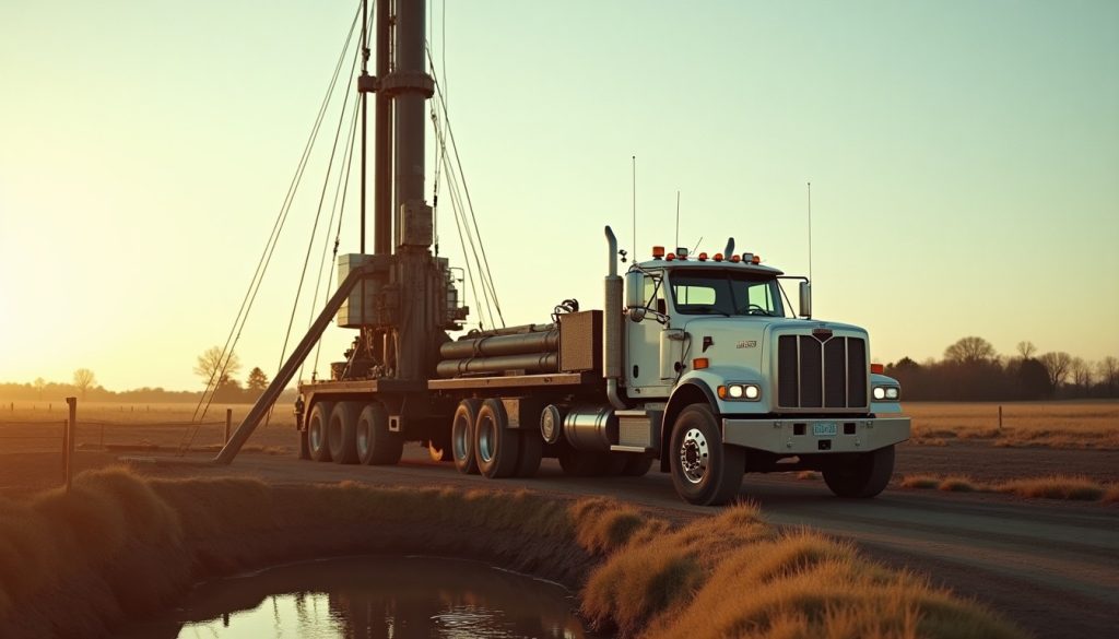 A truck-mounted water well drilling rig with its mast raised on a rural property, drill pipe stacked beside it and muddy