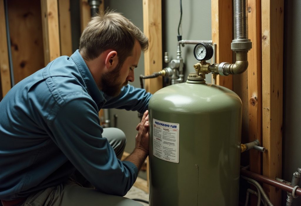 Technician checking air pre-charge on well pressure tank with a tire gauge