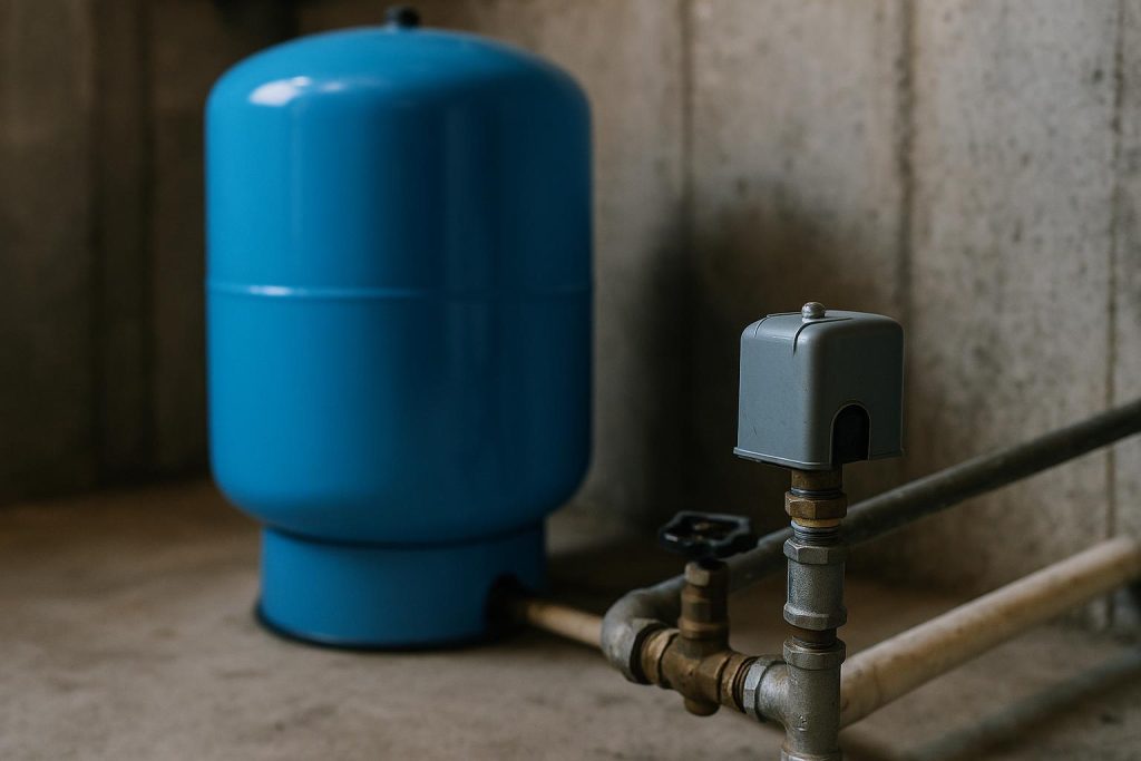 A blue well pressure tank beside a pressure switch