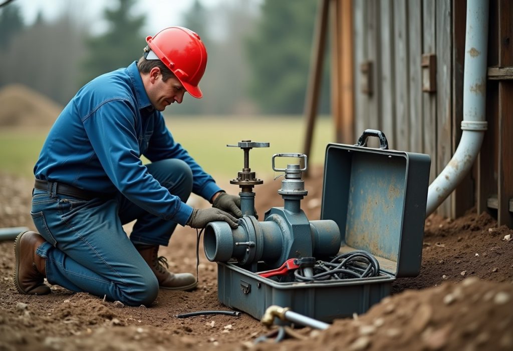 Plumber handling a submersible well pump near an open well casing outdoors