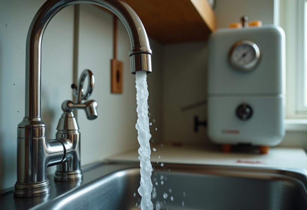 Kitchen faucet sputtering water with low pressure near a wall-mounted pressure gauge