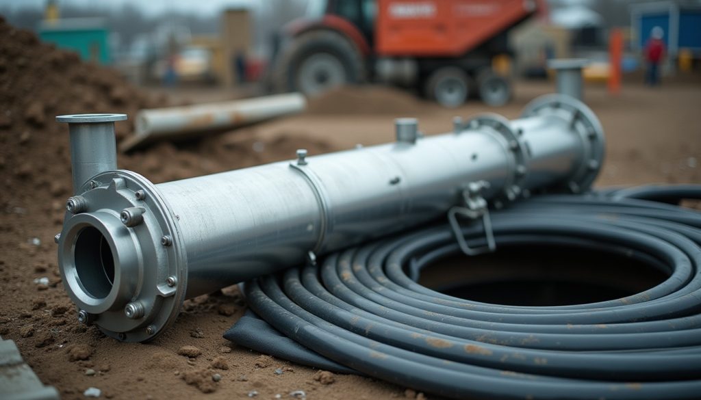 A long stainless steel submersible well pump lying on a tarp beside an open well casing in a yard, black poly pipe coile