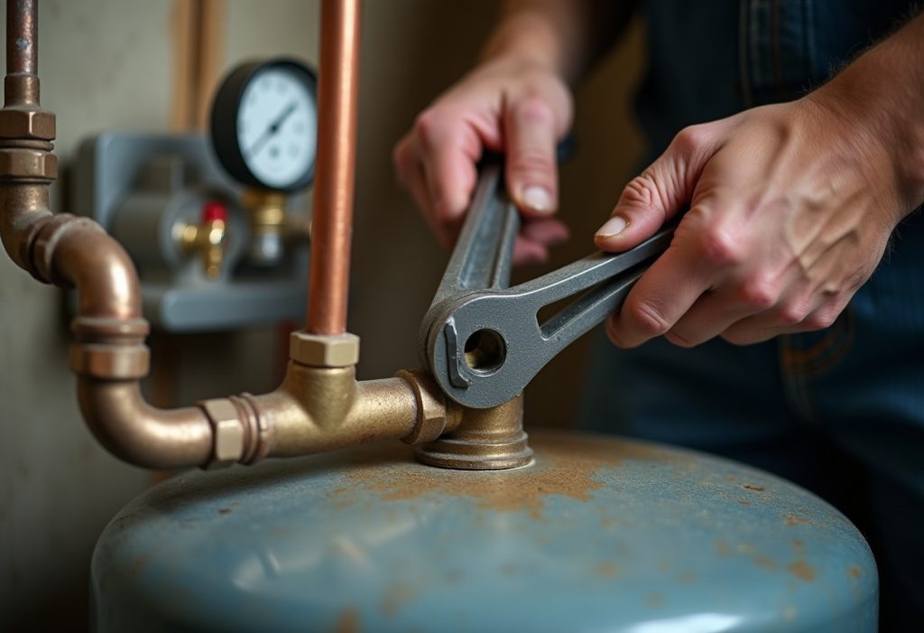 Hands tightening pipe fittings near a pressure tank and pump