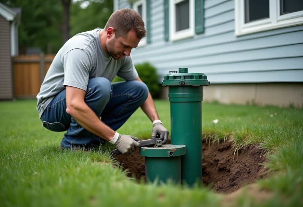 Technician kneeling by a well casing cap beside an older house