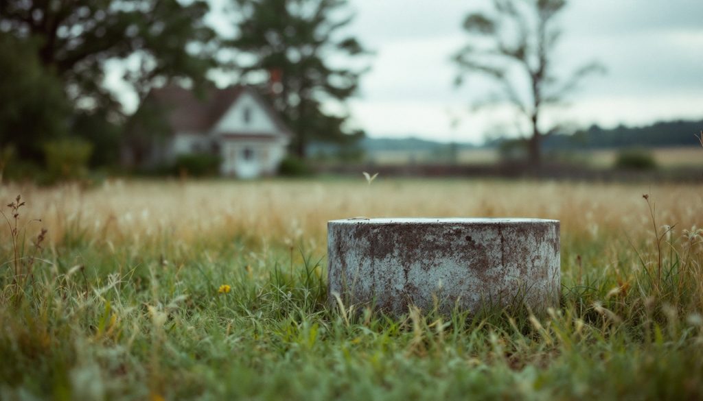 A private well head cap in a rural grassy yard with a farmhouse in the background